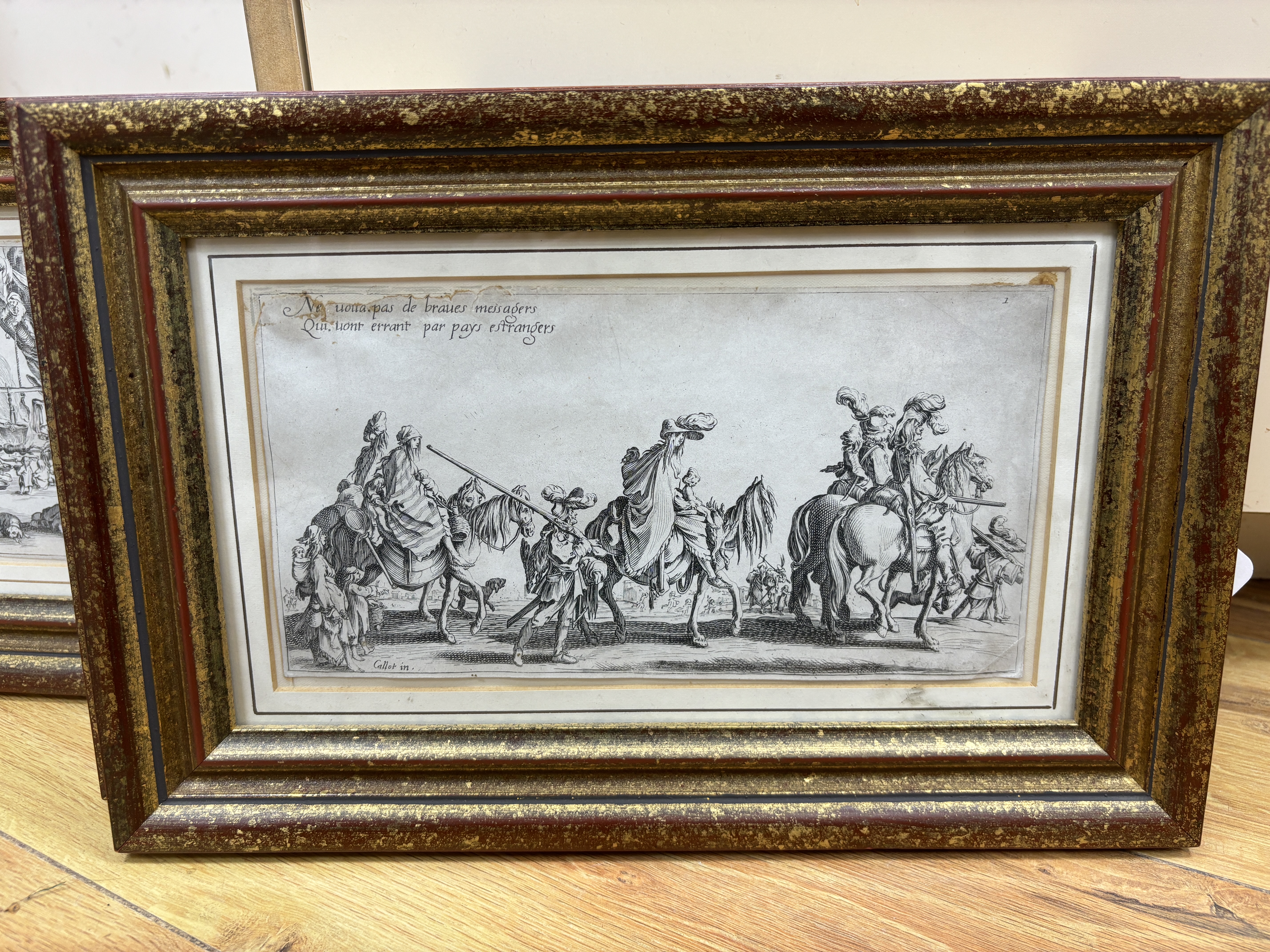 After Jacques Callot (French, 1592-1635), set of four etchings, ‘Les Bohemiens’, signed in plate, each 12 x 23cm
